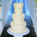 A breathtaking and meticulously detailed luxury wedding cake designed with vegan and gluten-free ingredients by Lezat Cakes in Los Angeles