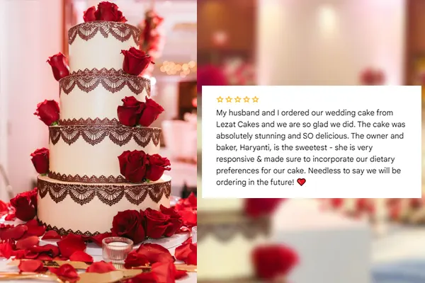 A stunning 4-tier custom wedding cake with intricate dark lace detailing and fresh red roses by Haryanti at Lezat Cakes Los Angeles, displayed next to a 5-star customer testimonial. Bespoke dietary-inclusive multi-tier wedding cake decorated with red rose petals, highlighting a 5-star review for Lezat Cakes bakery in LA.